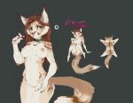  anthro blue_eyes breasts brown_hair candy candy_cane canid canine collar dessert domestic_cat featureless_crotch felid feline felis female fluffy fluffy_tail food fox fur hair hi_res hybrid mammal mistletoe model_sheet nipples plant solo standing tan_body tan_fur tgt1512 