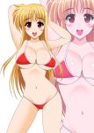  1girl arm_behind_head bikini blonde_hair breasts commentary_request cowboy_shot fate_testarossa groin highres large_breasts long_hair looking_at_viewer lyrical_nanoha mahou_shoujo_lyrical_nanoha_strikers navel oda_ken&#039;ichi open_mouth red_bikini red_eyes round_teeth smile solo swimsuit teeth upper_teeth zoom_layer 