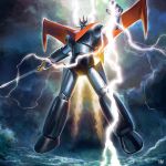  cloud cloudy_sky electricity flying fmu great_mazinger great_mazinger_(robot) holding holding_sword holding_weapon jetpack lightning mecha no_humans retro_artstyle sky super_robot sword weapon 
