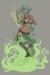  2017 apode belt breasts clothing draconcopode elf female green_body green_hair green_scales grey_background hair hi_res humanoid humanoid_pointy_ears lamia lyn_(z-ray) magic navel reptile scales scalie serpentine simple_background snake solo species_transformation split_form surprise thatweirdguyjosh torn_clothing transformation 