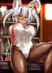  1girl absurdres animal_ears bar bow bowtie breasts brown_eyes bunny_ears cowboy_shot dark_skin detached_collar fake_animal_ears fishnet_legwear fishnets glasses hair_between_eyes highres iekuo indoors kantai_collection large_breasts leotard long_hair looking_at_viewer musashi_(kantai_collection) pantyhose playboy_bunny semi-rimless_eyewear sitting solo strapless strapless_leotard twintails two_side_up white_leotard white_neckwear wrist_cuffs 