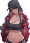  1girl bangs baseball_cap black_bra black_headwear blue_eyes bra breasts cleavage collarbone earrings fate/grand_order fate_(series) hat highres hood hoodie jacket jewelry large_breasts long_hair long_sleeves looking_at_viewer midriff navel pononozo purple_hair red_hoodie red_jacket saint_martha sports_bra sweaty_clothes under_the_same_sky underwear 