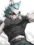  anthro blue_body blue_eyes blue_fur blue_hair brand_new_animal canid canine canis chung0_0 clothing digital_media_(artwork) fur hair hi_res male mammal muscular muscular_anthro muscular_male shirou_ogami simple_background solo studio_trigger wolf 