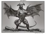  2020 4_fingers anthro biceps claws clothing digital_media_(artwork) dragon fingers greyscale hi_res horn male membrane_(anatomy) membranous_wings monochrome muscular muscular_anthro muscular_male nude open_mouth scales scalie sharp_teeth simple_background solo standing taran_fiddler teeth torn_clothing were wings 