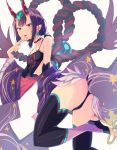  ass black_fundoshi black_legwear breasts chinese_clothes choker dudou eyeliner fate/grand_order fate_(series) forehead_jewel gourd highres horns ichiya1115 legs makeup oni oni_horns purple_eyes purple_hair rope short_eyebrows short_hair shuten_douji_(fate/grand_order) shuten_douji_(halloween_caster)_(fate) skin-covered_horns small_breasts thighs toeless_legwear 