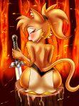  absurd_res andersonicth anthro big_breasts blush bodily_fluids breasts clothed clothing cum domestic_cat felid feline felis female genital_fluids hi_res holding_object holding_sword holding_weapon looking_back mammal melee_weapon solo sweat sword topless weapon wide_hips 