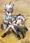  2girls aardwolf_(kemono_friends) aardwolf_ears aardwolf_print aardwolf_tail ahoge animal_ears animal_print arm_rest arm_up armpits bangs bare_shoulders black_hair black_shorts blue_shirt blunt_bangs blush bodystocking brown_eyes chibi closed_mouth commentary_request counting day elbow_gloves extra_ears eyebrows_visible_through_hair fuji_takanasu full_body furrowed_eyebrows gloves grass hair_between_eyes hand_on_another&#039;s_stomach highres kemono_friends kneeling knees_together_feet_apart knees_up legwear_under_shorts long_hair long_sleeves looking_at_another lying microskirt multicolored_hair multiple_girls on_back on_grass on_ground open_mouth outdoors pantyhose plains_zebra_(kemono_friends) pleated_skirt print_gloves print_legwear print_shirt print_skirt savannah shirt shoes short_over_long_sleeves short_sleeves shorts sidelocks skirt sleeveless sleeveless_shirt streaked_hair striped striped_legwear striped_neckwear striped_shirt striped_sleeves tail two-tone_hair white_hair zebra_ears zebra_girl zebra_print zebra_tail 