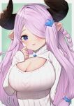  1girl bangs blue_eyes braid breasts cleavage commentary_request curled_horns draph fang granblue_fantasy green_background grey_background hair_over_one_eye hand_up highres horns large_breasts long_hair long_sleeves looking_at_viewer meme_attire narmaya_(granblue_fantasy) open-chest_sweater parted_lips pink_hair pointy_ears single_braid sleeves_past_wrists smile solo sweater two-tone_background uneg upper_body very_long_hair 