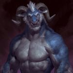  2020 anthro biceps blue_body digital_media_(artwork) dragon facial_hair fur furred_dragon hair hi_res horn male muscular muscular_anthro muscular_male nipples nude open_mouth pecs reileigh scalie sharp_teeth simple_background smile solo taran_fiddler teeth tusks vein 