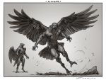  2020 4_fingers anthro avian beak biceps bird claws corvid corvus_(genus) digital_media_(artwork) feathered_wings feathers fingers greyscale hi_res male monochrome muscular muscular_anthro muscular_male nude oscine passerine raven simple_background talons taran_fiddler were wings 