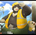  2020 96panda 96panda_hk absurd_res anthro armor belly black_body black_fur bodily_fluids bottomwear brown_body brown_fur bulge canid canine canis clothing domestic_dog duo fur hard_hat headgear helmet hi_res humanoid_hands kemono male mammal moobs navel nipples outside overweight overweight_male pants sweat ursid 