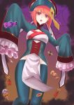  1girl absurdres blue_legwear breasts candy capri_pants chinese_clothes fire_emblem fire_emblem_heroes food halloween halloween_costume highres jiangshi looking_at_viewer open_mouth pants pink_hair red_eyes sakura_(fire_emblem) short_hair silk solo spider_web tyotto_ko_i 