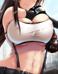  1girl breasts brown_hair bursting_breasts covered_nipples crop_top elbow_gloves elbow_pads final_fantasy final_fantasy_vii final_fantasy_vii_remake gloves highres huge_breasts long_hair midriff navel shirt smile solo stretch suspenders tifa_lockhart underboob white_shirt yuki_mizore 