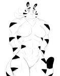  2018 abs absurd_res anthro black_and_white breasts crossgender felid feline female frosted_flakes fur hi_res kellogg&#039;s looking_at_viewer mammal mascot medium_breasts monochrome mtf_crossgender muscular muscular_anthro muscular_female pantherine scarf solo sssonic2 striped_body striped_fur stripes tiger tony_the_tiger 