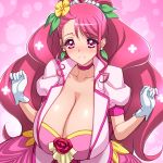  1girl alternate_breast_size breasts choker collarbone earrings gloves hanadera_nodoka healin&#039;_good_precure huge_breasts jewelry long_hair magaki_ryouta magical_girl pink_background pink_choker pink_eyes pink_hair precure puffy_short_sleeves puffy_sleeves short_sleeves solo white_gloves 