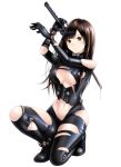  1girl arms_up bangs black_bodysuit blood bloody_weapon blush bodysuit breasts broken broken_sword broken_weapon brown_eyes brown_hair dripping frown gantz gantz_suit holding holding_sword holding_weapon katana knee_up large_breasts liquid long_hair looking_at_viewer navel one_knee over_shoulder parted_bangs shimohira_reika shiny shiny_clothes shoes simple_background solo sword sword_over_shoulder takapin torn_bodysuit torn_clothes weapon weapon_over_shoulder 
