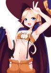  1girl abigail_williams_(fate/grand_order) bandeau bangs black_bow blonde_hair blue_cape blue_eyes blue_headwear blush bow breasts cape fate/grand_order fate_(series) forehead hair_bow halloween_costume hat highres hip_vent long_hair looking_at_viewer multicolored multicolored_cape multicolored_clothes multiple_bows navel open_mouth orange_bow orange_pants parted_bangs popped_collar red_cape shinonome_harutoro sidelocks simple_background small_breasts smile suspenders white_background witch_hat 