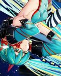  1girl alternate_costume aqua_eyes aqua_hair aqua_leotard aqua_sleeves bangs bare_shoulders blonde_hair blush breasts chain cluseller commentary_request cropped crying detached_sleeves eyebrows_visible_through_hair hair_between_eyes hands_up hatsune_miku headgear highres long_hair looking_at_viewer medium_breasts multicolored multicolored_clothes multicolored_hair multicolored_legwear ribs shiny shiny_clothes sideboob solo space star_(sky) streaked_hair striped striped_legwear tears thighhighs tied_hair twintails upper_body upside-down very_long_hair vocaloid 