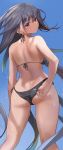  1girl absurdres adjusting_clothes adjusting_swimsuit ass bikini black_bikini black_hair blue_background breasts character_request commentary copyright_request day flat_ass from_behind gradient_hair green_hair highres kneepits long_hair looking_back medium_breasts multicolored_hair red_eyes seicoh side-tie_bikini sideboob solo standing swimsuit symbol_commentary two-tone_hair very_long_hair wet wet_clothes wet_swimsuit 