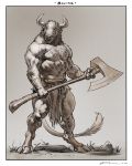  2020 anthro bovid bovine cattle claws clothed clothing digital_media_(artwork) fur greyscale hi_res holding_axe hooves horn loincloth male mammal monochrome muscular muscular_anthro muscular_male nipples simple_background standing taran_fiddler topless were 
