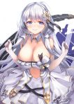  1girl azur_lane bangs bare_shoulders blue_eyes blush breasts cleavage detached_collar dress elbow_gloves gloves hair_ornament highres idol illustrious_(azur_lane) illustrious_(muse)_(azur_lane) large_breasts long_hair looking_at_viewer navel official_alternate_costume shimozuki_shio silver_hair simple_background smile white_background white_dress white_gloves 