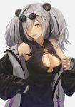  1girl :d animal_ears arknights bangs bare_shoulders black_dress black_hair breasts china_dress chinese_clothes cleavage cleavage_cutout clothing_cutout commentary_request dress eyes_visible_through_hair feater_(arknights) grey_background highres jacket jfjf long_hair long_sleeves looking_at_viewer medium_breasts multicolored_hair off_shoulder open_clothes open_jacket open_mouth orange_eyes panda_ears silver_hair simple_background sleeveless sleeveless_dress smile solo streaked_hair upper_body 