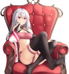  1girl absurdres ass black_gloves black_legwear breasts bridal_gauntlets cleavage couch elbow_gloves feet_on_chair feet_up finger_to_mouth gloves heart highres indie_virtual_youtuber legs_up logo long_hair looking_at_viewer mizuz navel over-kneehighs partially_fingerless_gloves pink_shorts raised_eyebrow red_eyes short_shorts shorts signature sitting smile solo steeb thigh_strap thighhighs throne toes virtual_youtuber white_hair 