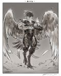  2020 anthro avian beak bird claws cracking_knuckles digital_media_(artwork) european_mythology feathered_wings feathers greek_mythology greyscale hi_res male monochrome muscular muscular_anthro muscular_male mythological_avian mythological_firebird mythology nude phoenix simple_background solo talons taran_fiddler walking were wings 