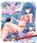  1girl absurdres bangs bare_arms belt bikini black_bikini blue_hair bracelet breasts building cleavage collarbone commentary_request crossed_legs day espeon eyebrows_visible_through_hair eyelashes fence gen_2_pokemon gen_3_pokemon gen_5_pokemon highres jewelry knees long_hair looking_at_viewer looking_to_the_side lying metang multiple_views navel on_back open_mouth outdoors pidove pink_eyes pokemoa pokemon pokemon_(creature) pokemon_(game) pokemon_hgss sabrina_(pokemon) shiny shiny_skin sigilyph smile swimsuit tongue wynaut 