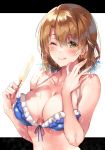  1girl ;p bare_arms bare_shoulders bikini blue_bikini blush breasts brown_eyes brown_hair cleavage collarbone eyebrows_visible_through_hair frilled_bikini frills front-tie_bikini front-tie_top hair_between_eyes halterneck hinazuka_ryou isshiki_iroha looking_at_viewer medium_breasts one_eye_closed simple_background solo swimsuit tongue tongue_out wet white_background yahari_ore_no_seishun_lovecome_wa_machigatteiru. 