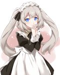  1girl blue_eyes commentary_request eyebrows_visible_through_hair fate/grand_order fate_(series) grey_hair light_blush long_hair long_sleeves looking_at_viewer maid maid_headdress marie_antoinette_(fate/grand_order) mitsuki_meia simple_background smile solo standing twintails white_background 