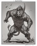  2020 4_fingers anthro biceps claws digital_media_(artwork) fingers greyscale hi_res horn male mammal mask monochrome muscular muscular_anthro muscular_male nipples nude open_mouth pecs rhinocerotoid simple_background skull_mask solo standing taran_fiddler were 