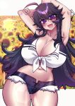 1girl absurdres arms_behind_head black_hair breasts cleavage eyebrows_visible_through_hair flower highres huge_breasts long_hair looking_at_viewer nyarla_(osiimi) open_fly original osiimi pose purple_eyes revealing_clothes shirt short_shorts shorts standing sunflower thighs tied_shirt 