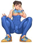  1girl abs adapted_costume alternate_eye_color biceps blue_leotard blush breasts brown_hair chun-li clothing_cutout covered_navel double_bun earrings fat_mons fingernails full_body highres jewelry large_breasts leotard lips looking_at_viewer muscle muscular_female no_bra official_alternate_costume parted_lips red_eyes shigenobu shoes short_hair skin_tight sneakers solo squatting street_fighter street_fighter_zero_(series) stud_earrings studded_bracelet thick_thighs thighs underboob underboob_cutout v white_background yellow_footwear 