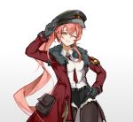  1girl absurdres black_gloves black_legwear black_shorts breasts closed_mouth eyebrows_visible_through_hair female_commander_(girls_frontline) fur-trimmed_jacket fur_collar fur_trim girls_frontline gloves hair_between_eyes hair_ornament hand_on_head hand_on_hip hat highres jacket karel_von_franz_(girls_frontline)_(priest77) long_hair looking_at_viewer military_hat necktie one_eye_closed open_clothes open_jacket original pantyhose pink_hair priest77 red_jacket red_neckwear shirt shorts solo standing uniform white_background white_shirt yellow_eyes 