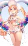  1girl abigail_williams_(fate/grand_order) abigail_williams_(swimsuit_foreigner)_(fate) bangs bare_shoulders bikini blonde_hair blue_eyes bonnet bow breasts daimi_94 fate/grand_order fate_(series) forehead gradient gradient_background hair_bow highres innertube long_hair looking_at_viewer miniskirt navel parted_bangs sidelocks skirt small_breasts smile swimsuit thighs twintails very_long_hair water_drop white_bikini white_bow white_headwear 