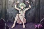  1girl after_rape after_sex after_vaginal arms_up artist_name ass bangs black_bow body_writing bow breasts cave chain chained clenched_teeth completely_nude crying crying_with_eyes_open cuffs cum cum_in_pussy d-rex elf goblin_slayer! green_eyes green_hair hair_bow high_elf_archer_(goblin_slayer!) long_hair looking_at_viewer nipples nude pointy_ears pussy restrained shackles sitting small_breasts solo stationary_restraints tears teeth 
