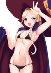  1girl abigail_williams_(fate/grand_order) bangs bikini black_bikini black_bow blonde_hair blue_cape blue_eyes blue_headwear blush bow breasts cape fate/grand_order fate_(series) forehead hair_bow halloween_costume hat highres long_hair looking_at_viewer multicolored multicolored_cape multicolored_clothes multiple_bows navel open_mouth orange_bow parted_bangs popped_collar red_cape shinonome_harutoro sidelocks simple_background small_breasts smile swimsuit white_background witch_hat 