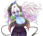  1girl aoi_hada_no_ten&#039;in_to_shiawasena_tomodachi arms_behind_head black_horns black_pants black_sclera black_shirt black_tail blue_skin breasts cleavage demon_girl demon_horns demon_tail highres horns huge_breasts juugoya_(zyugoya) koike_(aoi_hada_no_ten&#039;in_to_shiwasena_tomodachi) long_hair long_sleeves pants red_eyes shiny shiny_skin shirt smile store_clerk tail thighs two-tone_shirt white_hair 