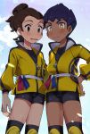  2boys blush boxer_briefs brown_eyes brown_hair bulge chokutsuu_(menino) closed_mouth cloud commentary_request dark_skin dark_skinned_male hand_on_hip highres hop_(pokemon) jacket knee_pads male_focus master_dojo_uniform multiple_boys pokemon pokemon_(game) pokemon_swsh purple_hair sash shirt short_hair sky smile sweat victor_(pokemon) yellow_eyes yellow_jacket zipper_pull_tab 