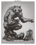  2020 5_fingers anthro biceps claws crouching digital_media_(artwork) fingers fur greyscale hi_res looking_at_viewer male mammal monochrome muscular muscular_anthro muscular_male nude procyonid raccoon simple_background taran_fiddler trash_can were 