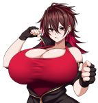  1girl armband bare_shoulders breasts brown_hair camui_kamui cleavage commentary_request earrings fingerless_gloves gloves highres huge_breasts jacket jewelry multicolored_hair original red_eyes red_hair red_shirt shirt simple_background solo tank_top unzipped white_background 