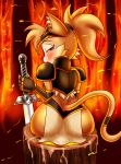  absurd_res andersonicth anthro armor big_breasts blush bodily_fluids breasts cum domestic_cat felid feline felis female genital_fluids genitals hi_res holding_object holding_sword holding_weapon looking_back mammal melee_weapon pussy solo sweat sword weapon wide_hips 