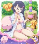  1girl absurdres bikini black-framed_eyewear black_hair blue_eyes bowl breasts bush cleavage collarbone combee commentary_request day fennel_(pokemon) food gen_4_pokemon gen_5_pokemon glasses grass hair_ornament head_tilt highres holding holding_bowl holding_spoon ice_cream labcoat long_hair looking_at_viewer munna navel open_mouth oshawott outdoors pink_bikini pink_footwear pokemoa pokemon pokemon_(creature) pokemon_(game) pokemon_bw sandals sitting sleeping smile spoon swimsuit toes tongue tree_stump 
