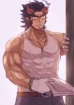  1boy 1hao_(@cerbero64) backlighting bara bare_arms bare_shoulders blush chest covered_abs dark_blue_hair facial_hair fang glasses highres horns jewelry looking_at_viewer male_focus muscle necklace short_hair sideburns solo stubble takemaru_(tokyo_houkago_summoners) tank_top thick_eyebrows tokyo_houkago_summoners upper_body white_tank_top 
