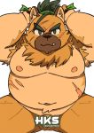  2020 anthro balls belly bmf_6666 brown_body brown_fur canid canine canis domestic_dog fur genitals hi_res kemono male mammal moobs navel nipples overweight overweight_male penis scar simple_background solo tokyo_afterschool_summoners video_games white_background yasuyori 