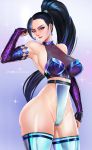  1girl badcompzero bare_shoulders black_hair breasts commentary earrings elbow_gloves gloves high_ponytail highres jewelry k/da_(league_of_legends) k/da_kai&#039;sa kai&#039;sa large_breasts league_of_legends leotard lips lipstick long_hair makeup purple_eyes sideboob skindentation solo thighs 