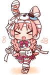  &gt;_&lt; 1girl :d absurdres animal_ears animal_hat bandaged_arm bandaged_hands bandages bangs beamed_eighth_notes blush bow braid bunny_ears bunny_hair_ornament bunny_hat chibi closed_eyes eighth_note eyebrows_visible_through_hair facing_viewer fake_animal_ears full_body hair_ornament hana_kazari hat highres long_hair low_twintails mimi_(princess_connect!) musical_note navel open_mouth parted_bangs pink_footwear pink_hair pink_headwear pleated_skirt princess_connect! princess_connect!_re:dive purple_bow purple_skirt skirt smile solo striped striped_legwear thighhighs twin_braids twintails very_long_hair walking white_background xd 
