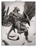  2020 abs anthro arrow avian beak biceps claws clothed clothing digital_media_(artwork) feathered_wings feathers flying greyscale gryphon hi_res holding_object holding_shield holding_sword holding_weapon loincloth male melee_weapon monochrome muscular muscular_anthro muscular_male mythological_avian mythology open_mouth pecs shield simple_background sword taran_fiddler topless weapon were wings 