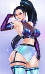  1girl badcompzero bare_shoulders black_hair breasts commentary earrings elbow_gloves gloves high_ponytail highres jewelry k/da_(league_of_legends) k/da_kai&#039;sa kai&#039;sa large_breasts league_of_legends lips lipstick long_hair makeup purple_eyes sideboob skindentation solo thighs 